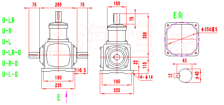 T8系列轉向箱外型尺寸圖(U-LR,U-R,U-L等)