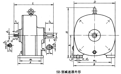 SB系列雙擺線針輪減速機外形及安裝尺寸、針齒中心圓直徑及傳動比